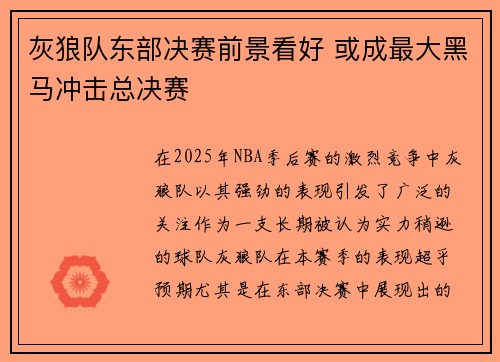 灰狼队东部决赛前景看好 或成最大黑马冲击总决赛