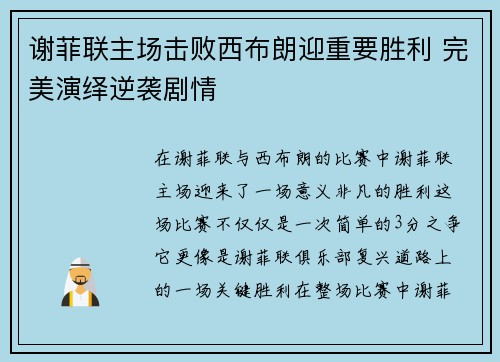 谢菲联主场击败西布朗迎重要胜利 完美演绎逆袭剧情